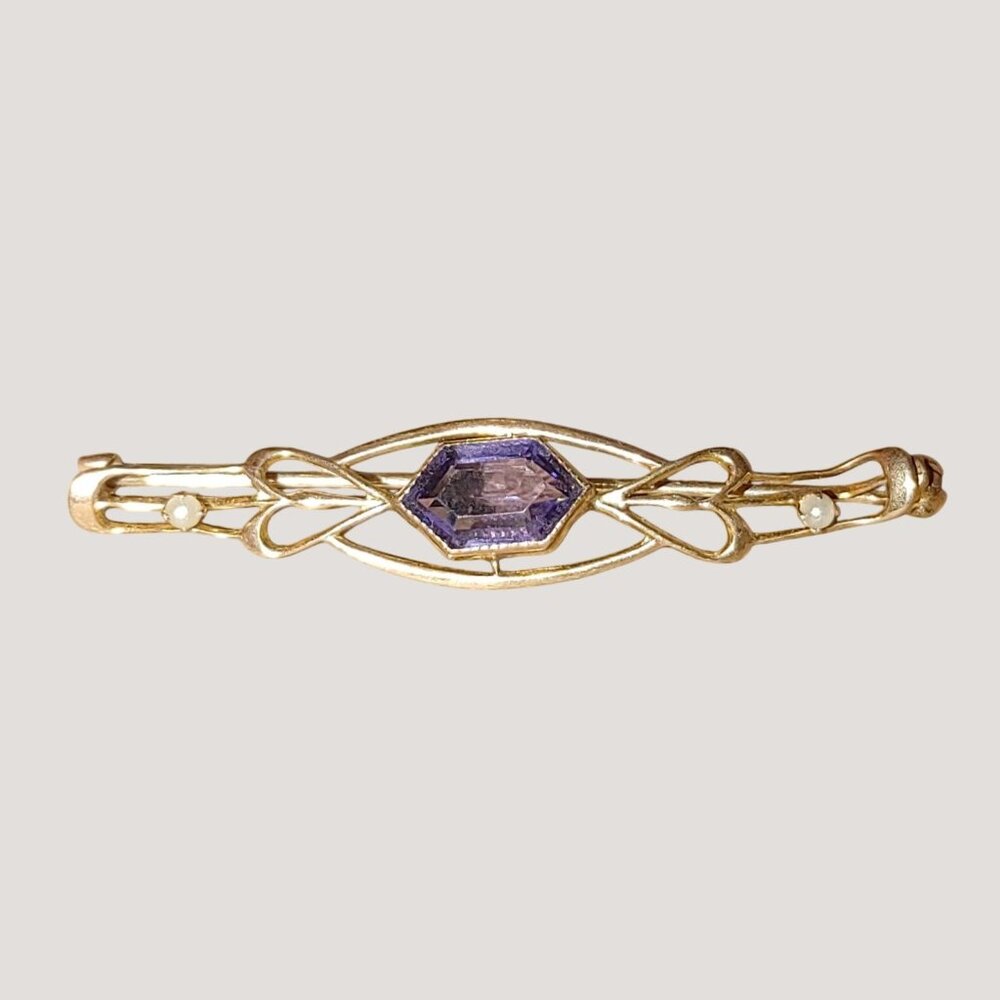 10K Yellow Gold Antique Brooch Purple Crystal Glass Stone Seed Pearls